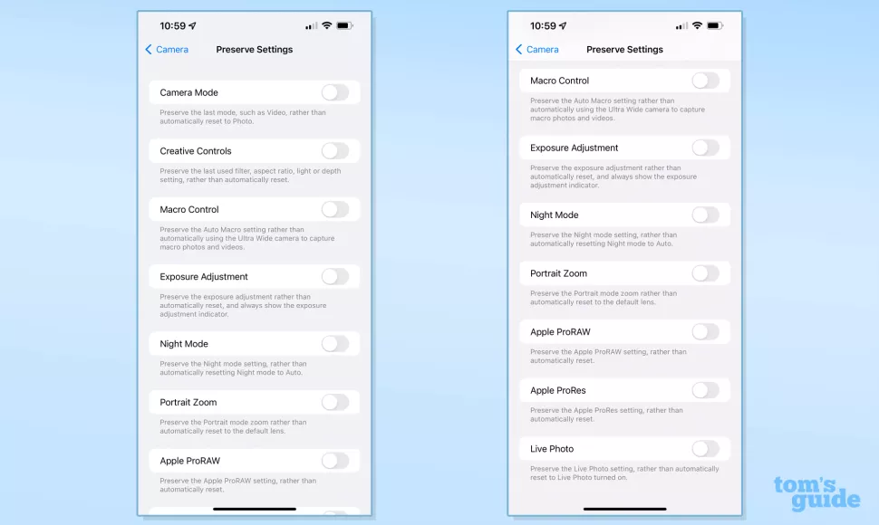 Ảnh chụp màn hình của ứng dụng cài đặt iPhone, hiển thị nội dung của menu cài đặt Bảo tồn máy ảnh - Hình 3