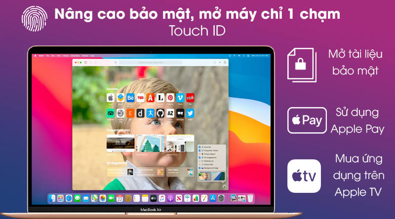 MacBook Air 2020 bảo mật và thanh toán ứng dụng nhanh chóng bằng vân tay