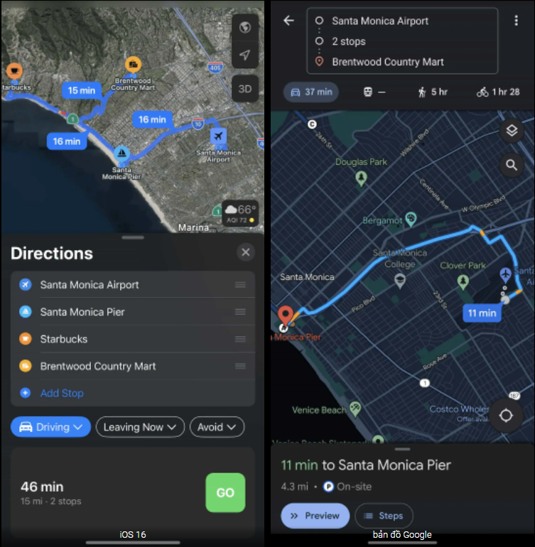 Nhiều điểm dừng trong Bản đồ