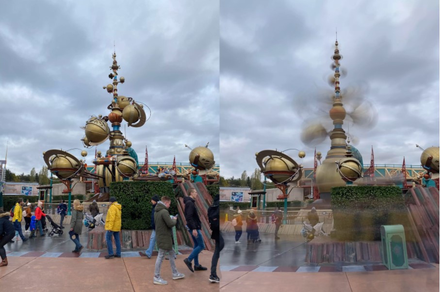 Ảnh chuẩn (bên trái) trông giống như bất kỳ bức ảnh cũ nào đáng quên từ công viên Disney. Nhưng phơi sáng lâu (bên phải) biến nó thành một hình ảnh thanh tao thực sự thể hiện chuyển động trong cảnh