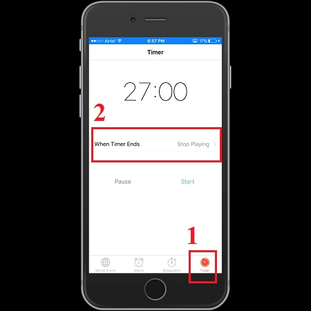 Tại phần When Timer Ends (Hẹn giờ kết thúc), bạn tìm và nhấn vào nút Stop Playing (Dừng phát)