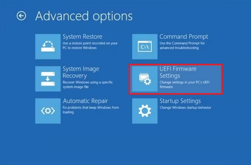 Chọn Cài đặt chương trình cơ sở UEFI (UEFI Firmware Settings) > chọn Khởi động lại (Restart).