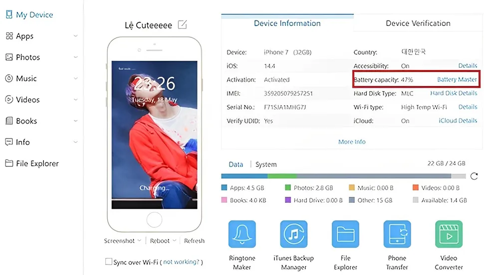 Kiểm tra tuổi thọ pin iPhone chính xác bằng iTools