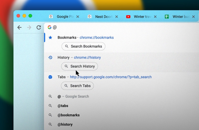Phím tắt @ trên Chrome hỗ trợ bạn tìm kiếm tab, lịch sử tìm kiếm và các trang được đánh dấu nhanh chóng 