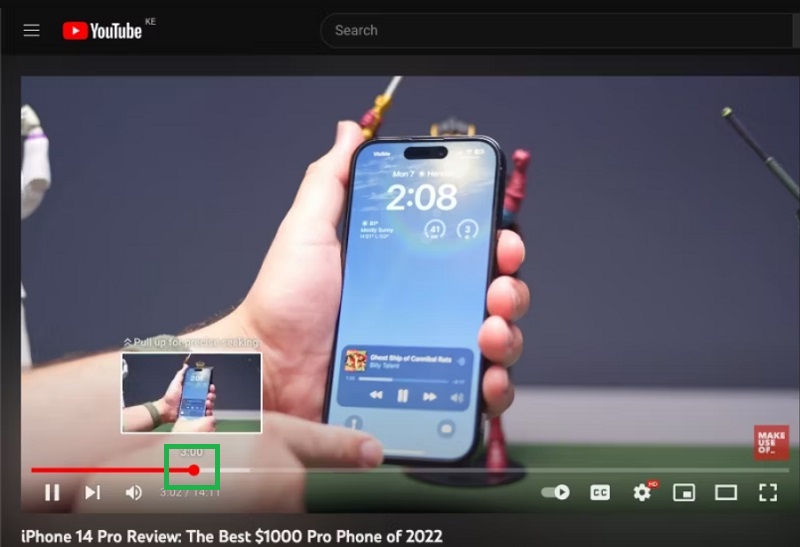 Di chuyển con trỏ đến Thanh tiến trình nơi có bộ lọc (chấm đỏ)