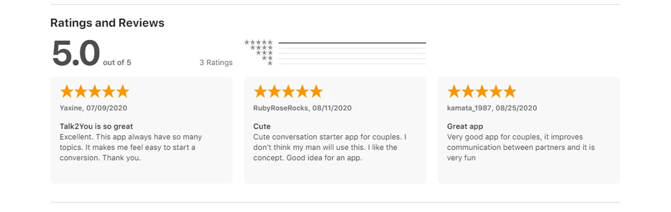 Đây là đánh giá từ người dùng ứng dụng, điểm hiện tại trên App store của Talk2You là 5.0