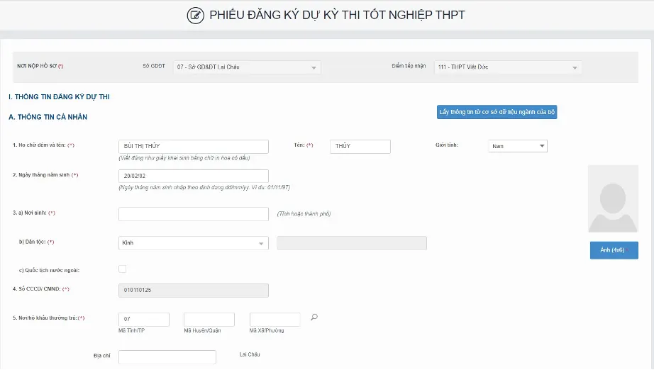 nhập các thông tin trên phiếu đăng ký