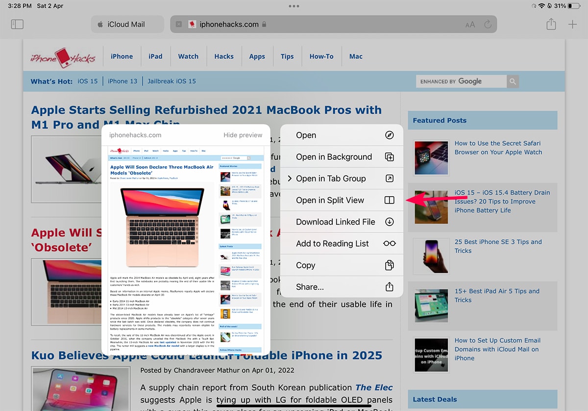 Mở các tab Safari trong Split View