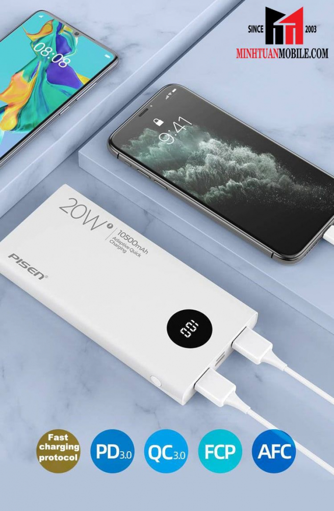 Pin sạc dự phòng Pisen 10.500 mAh 20W QUICK PowerU LED Ultra