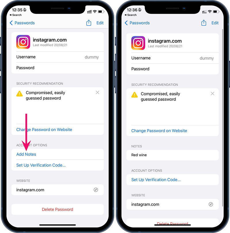 Thêm ghi chú vào mục nhập dữ liệu trong mật khẩu iCloud