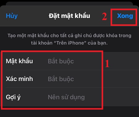 tiến hành đặt lại Mật khẩu, Xác minh và Gợi ý, rồi nhấn nút Xong.