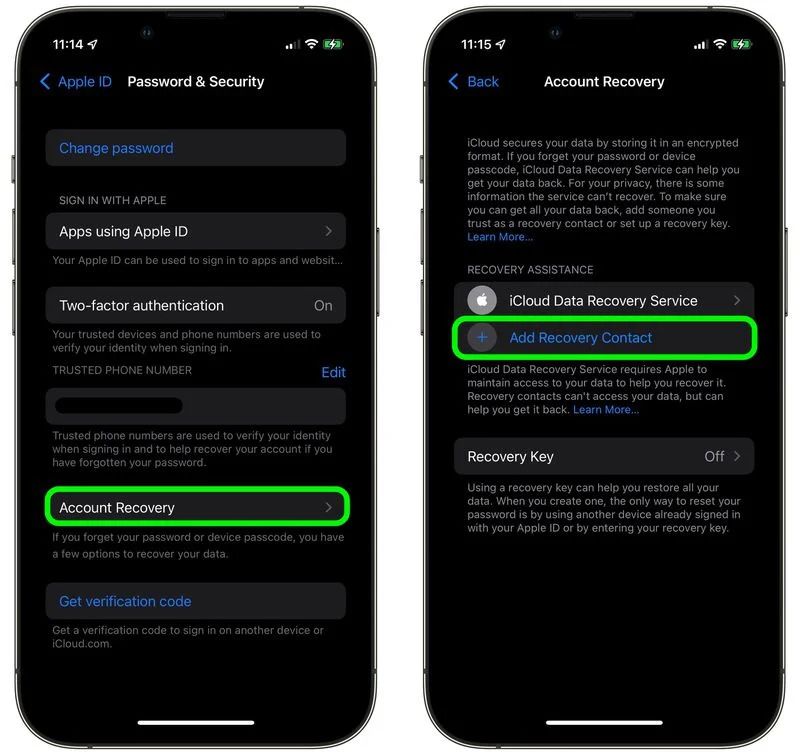 recovery contact ios 15