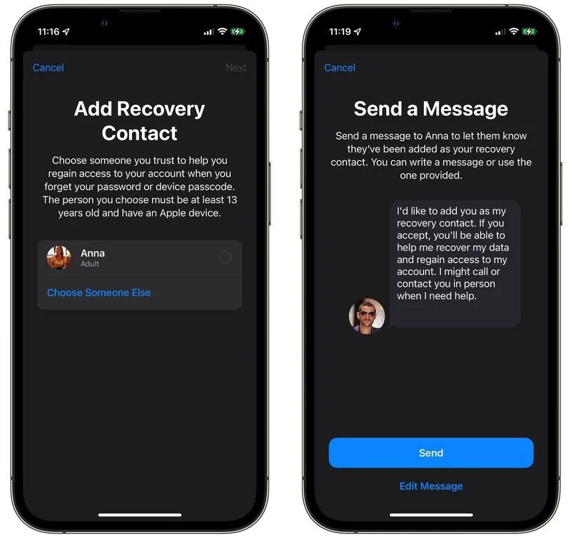 recovery contact ios 15