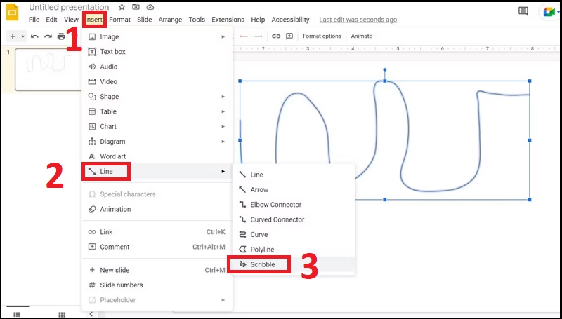 Chọn Insert, di chuyển đến Line (Dòng) rồi chọn Scribble (Viết chữ).