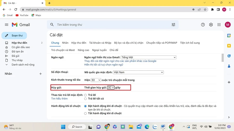 Bước 2: Nhấn chọn Xem tất cả tuỳ chọn cài đặt > Kéo tìm mục Hoàn tác gửi và chọn thời gian có thể huỷ gửi.