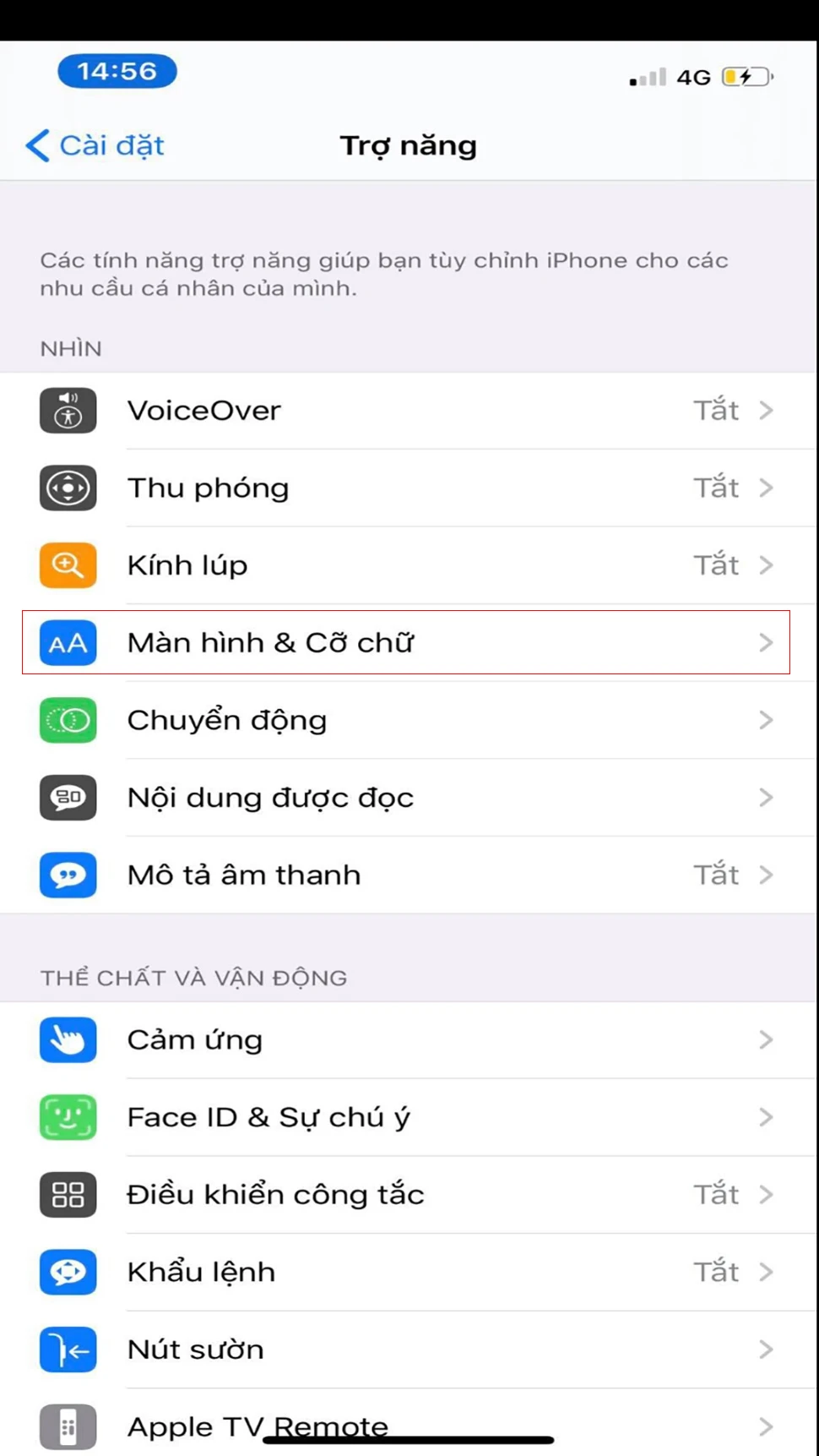 Bước 2:  Nhấn vào Màn hình & Cỡ chữ và gạt nút bật từ phải sang trái tại Độ sáng tự động để Tắt tính năng Tự động chỉnh sáng trên iPhone.