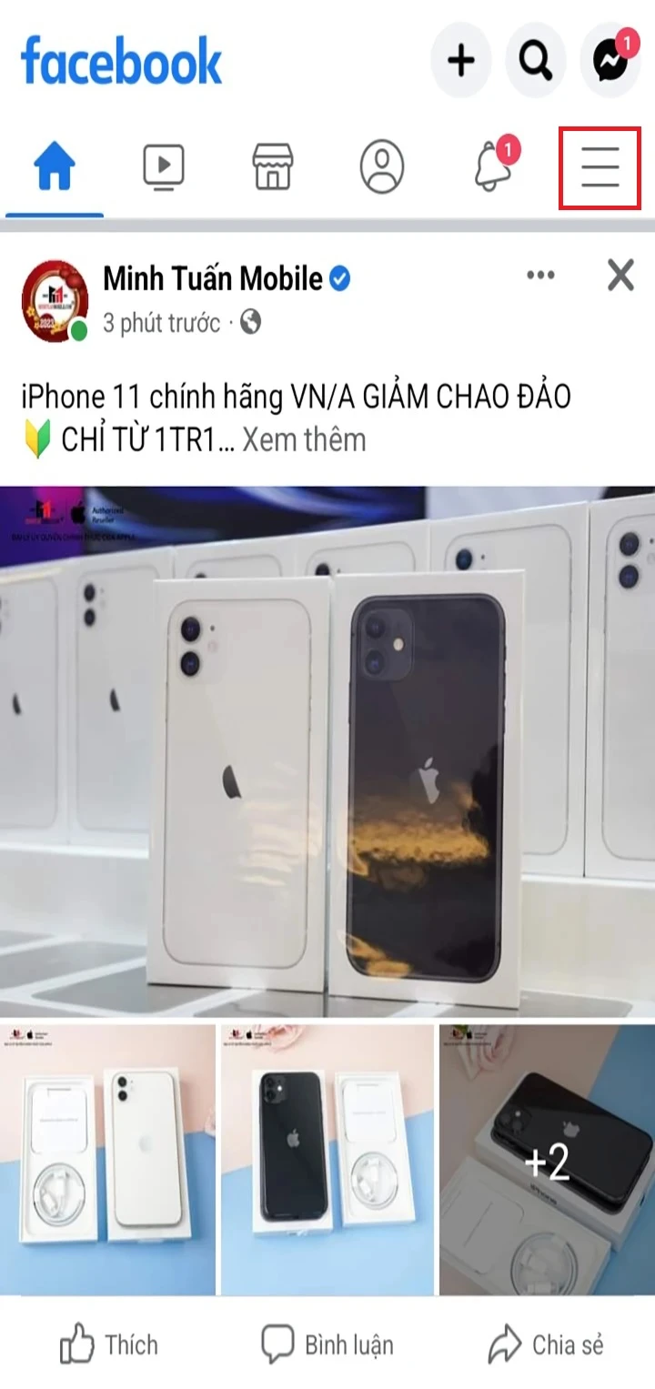 Bước 1: Mở ứng dụng Facebook, Chọn biểu tượng dấu 3 gạch ngang bên góc phải trên màn hình. 