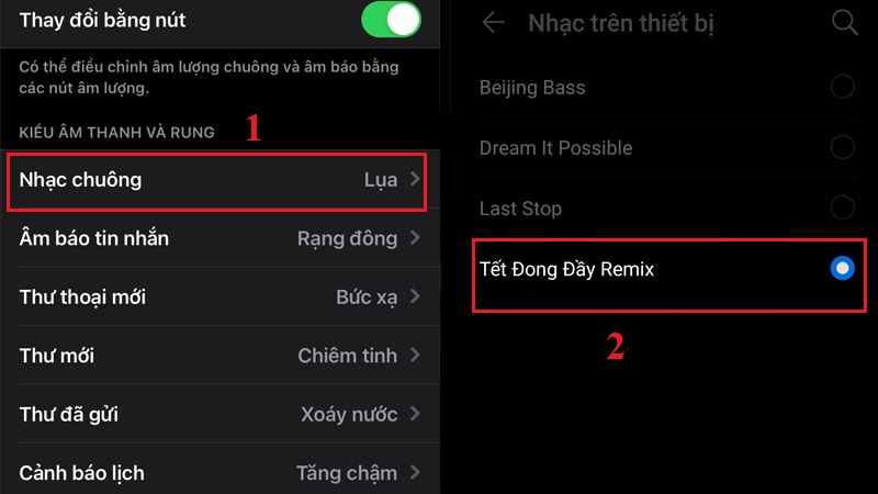 Chọn Nhạc chuông điện thoại > chọn Nhạc trên thiết bị > chọn bài hát Tết mà bạn yêu thích.  