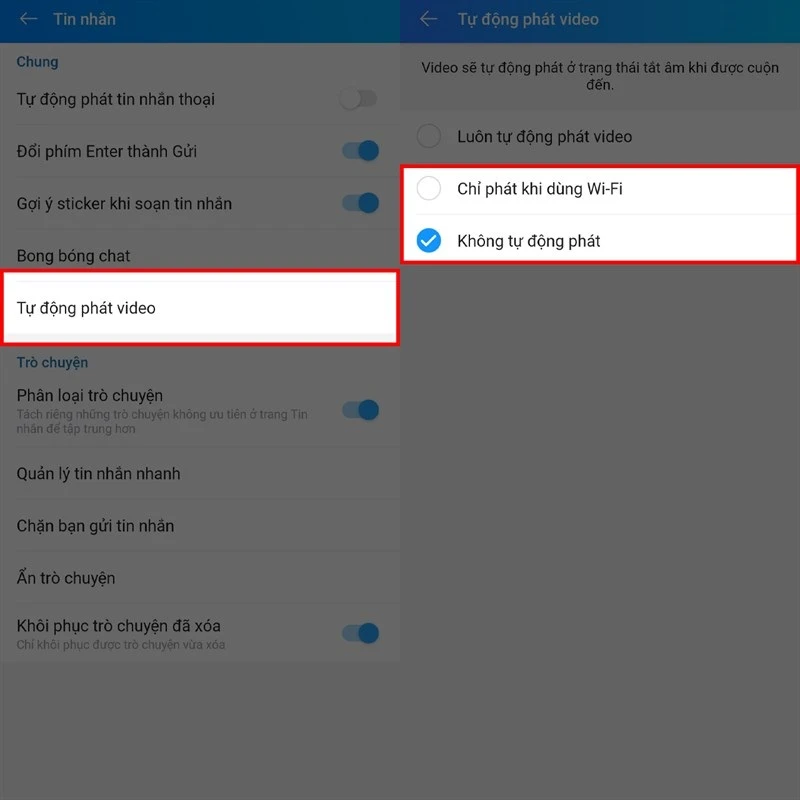 Tắt tính năng tự động phát video trong cuộc trò chuyện 