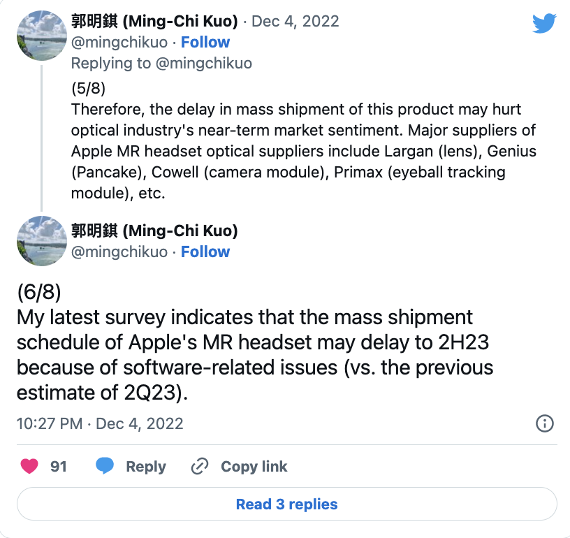 Kuo nói rằng việc sản xuất tai nghe thực tế ảo bị dời lại