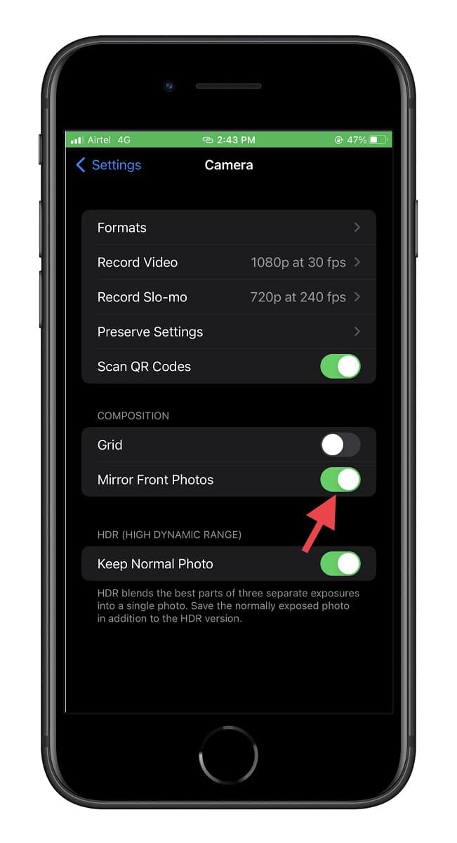 bật nút gạt bên cạnh Mirror Front Camera