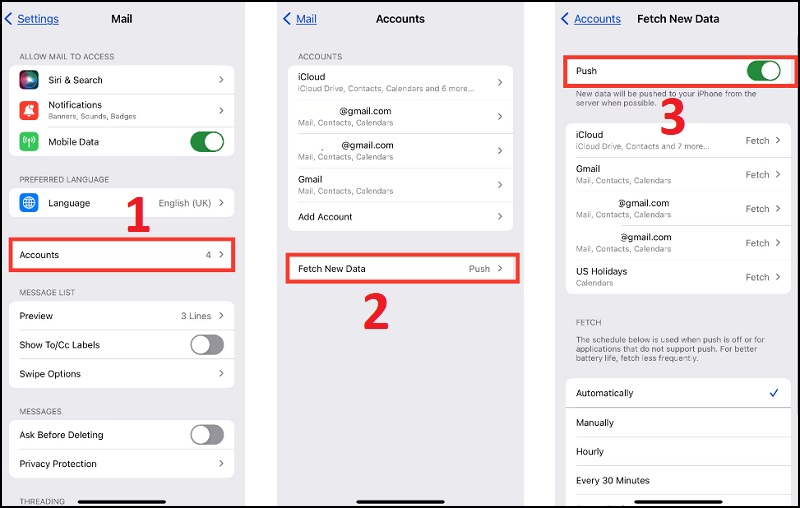 Kiểm tra phần Cài đặt mail để khắc phục lỗi mail không cập nhật trên iPhone