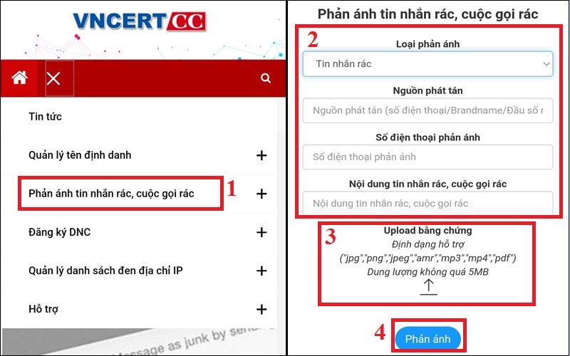Phản ánh tin nhắn rác trên VNCERT CC
