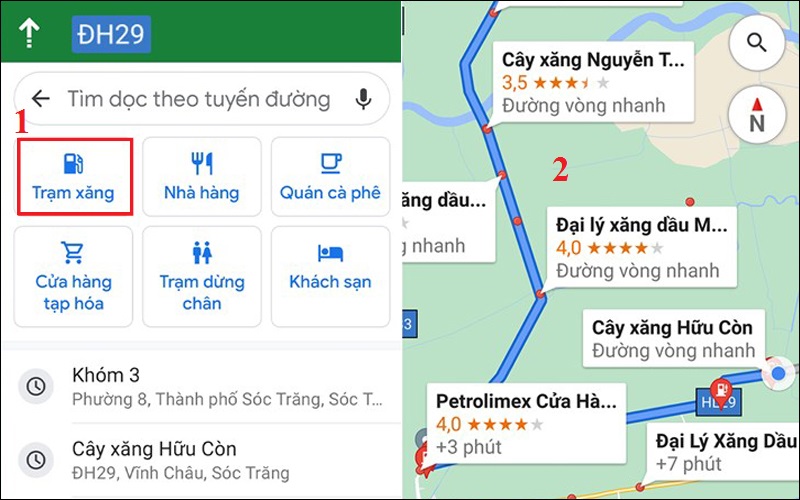 Nhấn chọn Trạm xăng, lúc này các thông tin về những trạm xăng sẽ hiển thị trên bản đồ.  