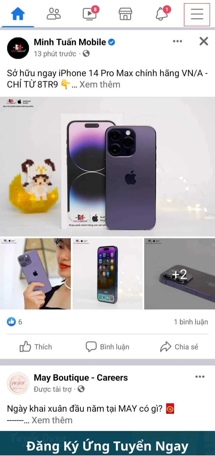 Bước 1: Mở Facebook > biểu tượng 3 dấu gạch ở góc trên bên phải > Nhấn vào trang cá nhân của bạn 