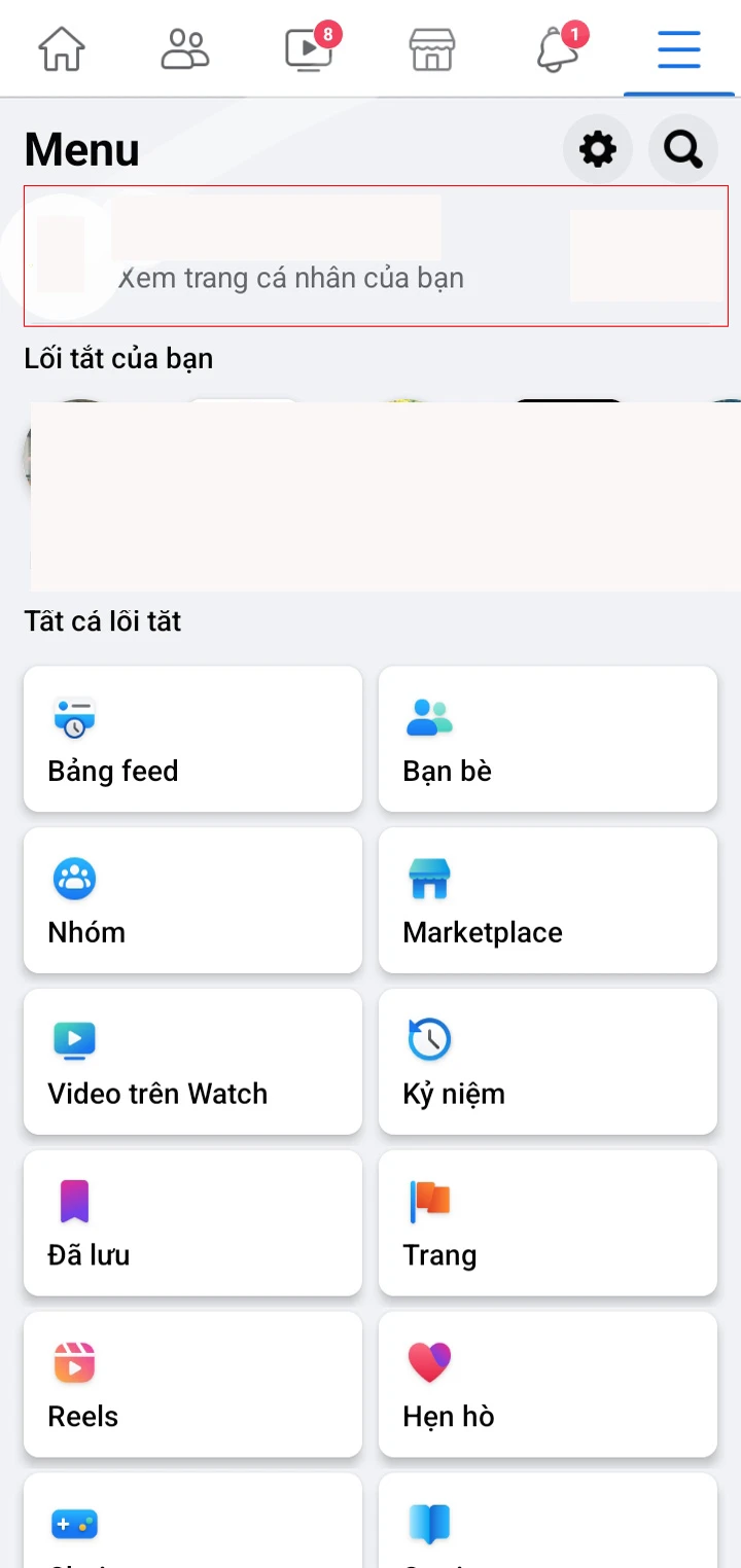 Bước 1: Mở Facebook > biểu tượng 3 dấu gạch ở góc trên bên phải > Nhấn vào trang cá nhân của bạn 