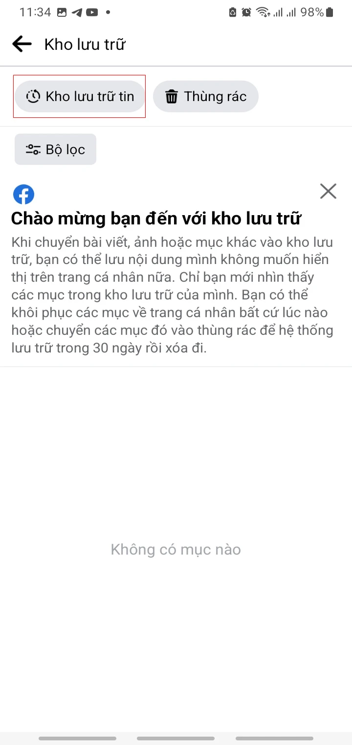 Bước 4:  Chọn kho lưu trữ tin. Tại đây đã hiện tất cả các tin của bạn đã lưu vào kho lưu trữ và thời gian cụ thể.