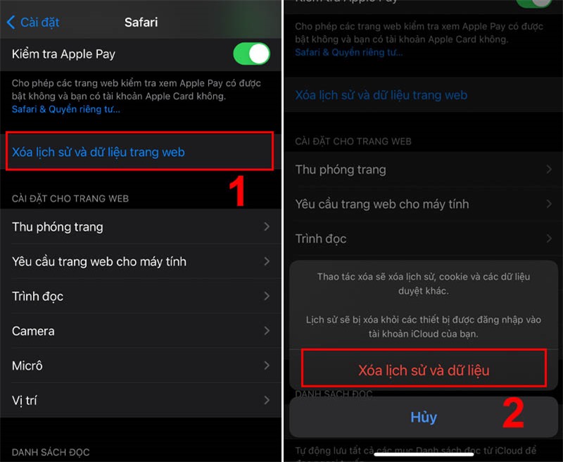 xóa lịch sử và dữ liệu trang web trên safari