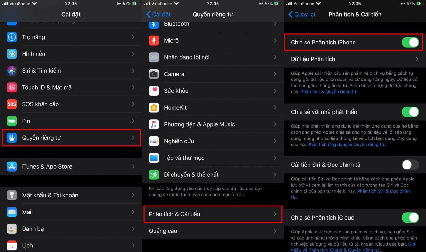 bật Chia sẻ Phân tích iPhone