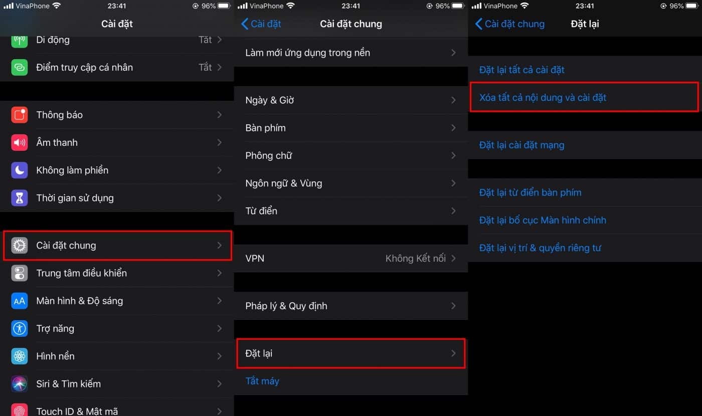 Xóa tất cả nội dung và cài đặt