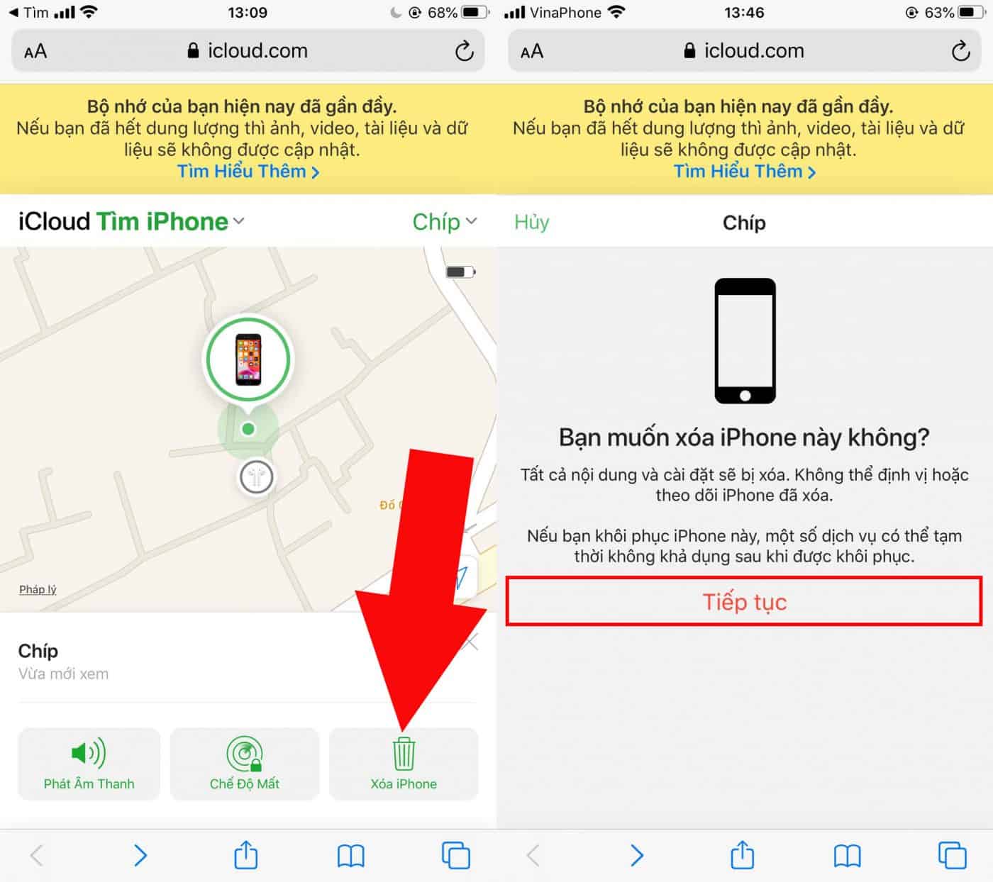 khóa và xóa thiết bị