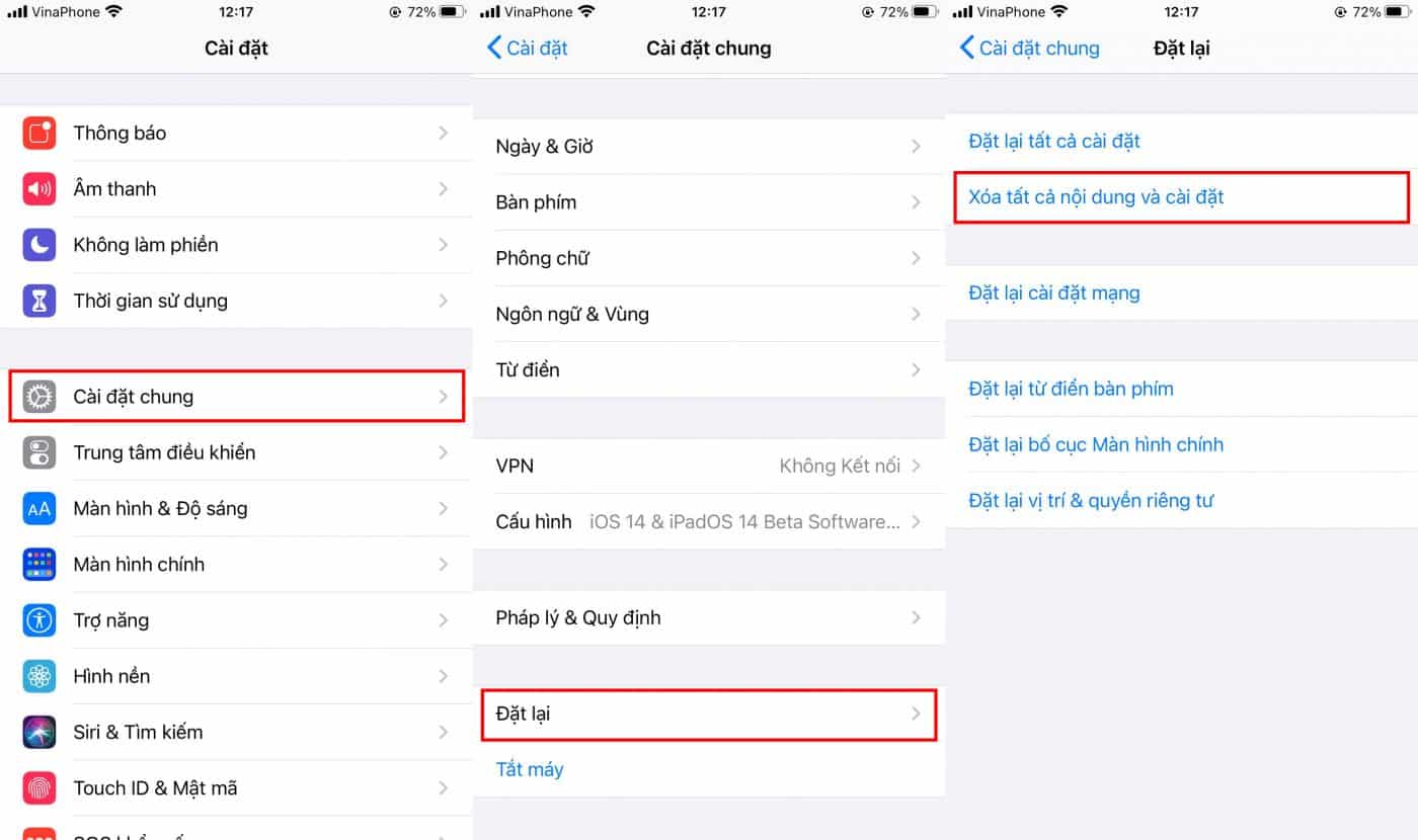 xóa tất cả nội dung và cài đặt