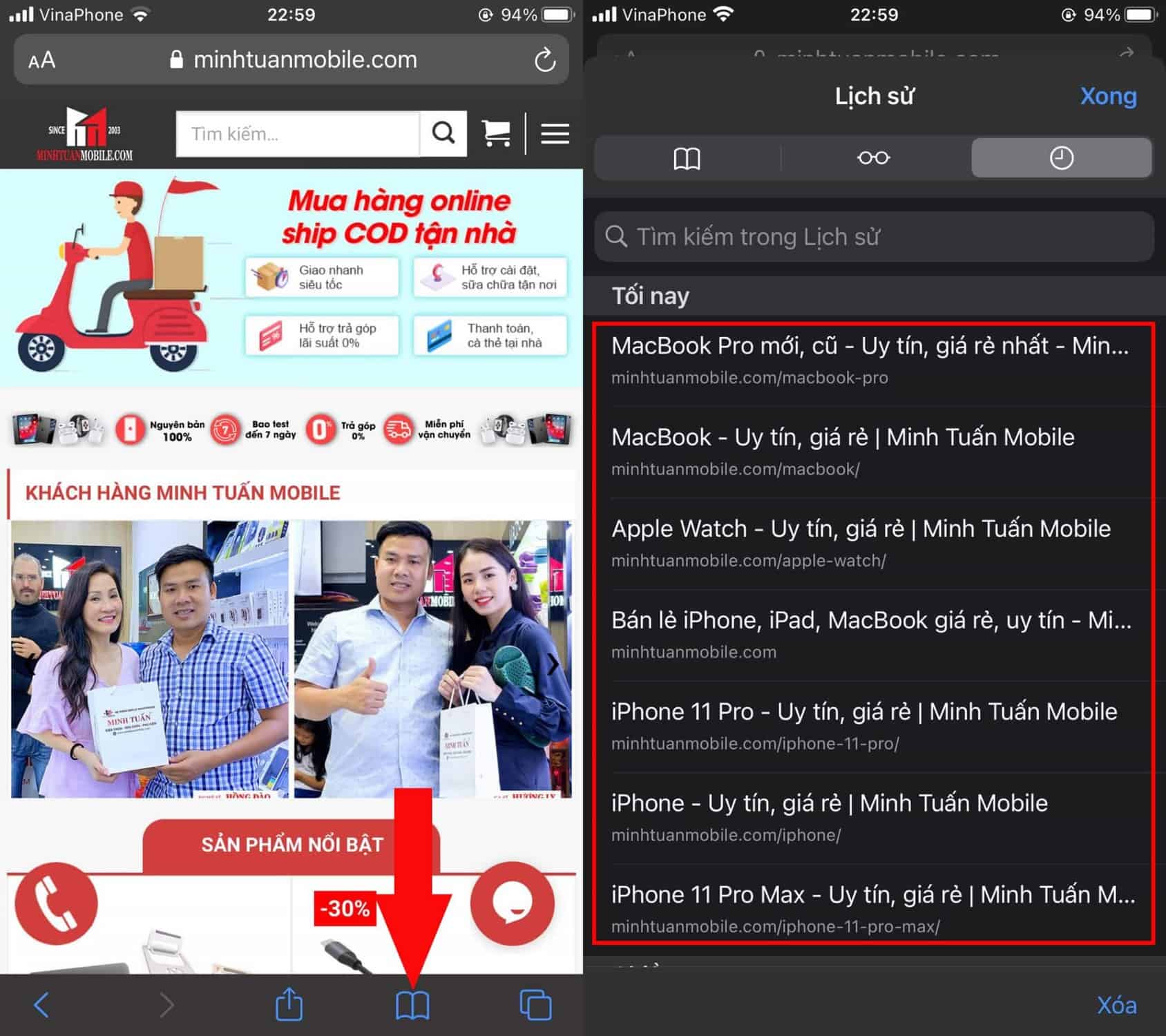 Thao tác trên safari