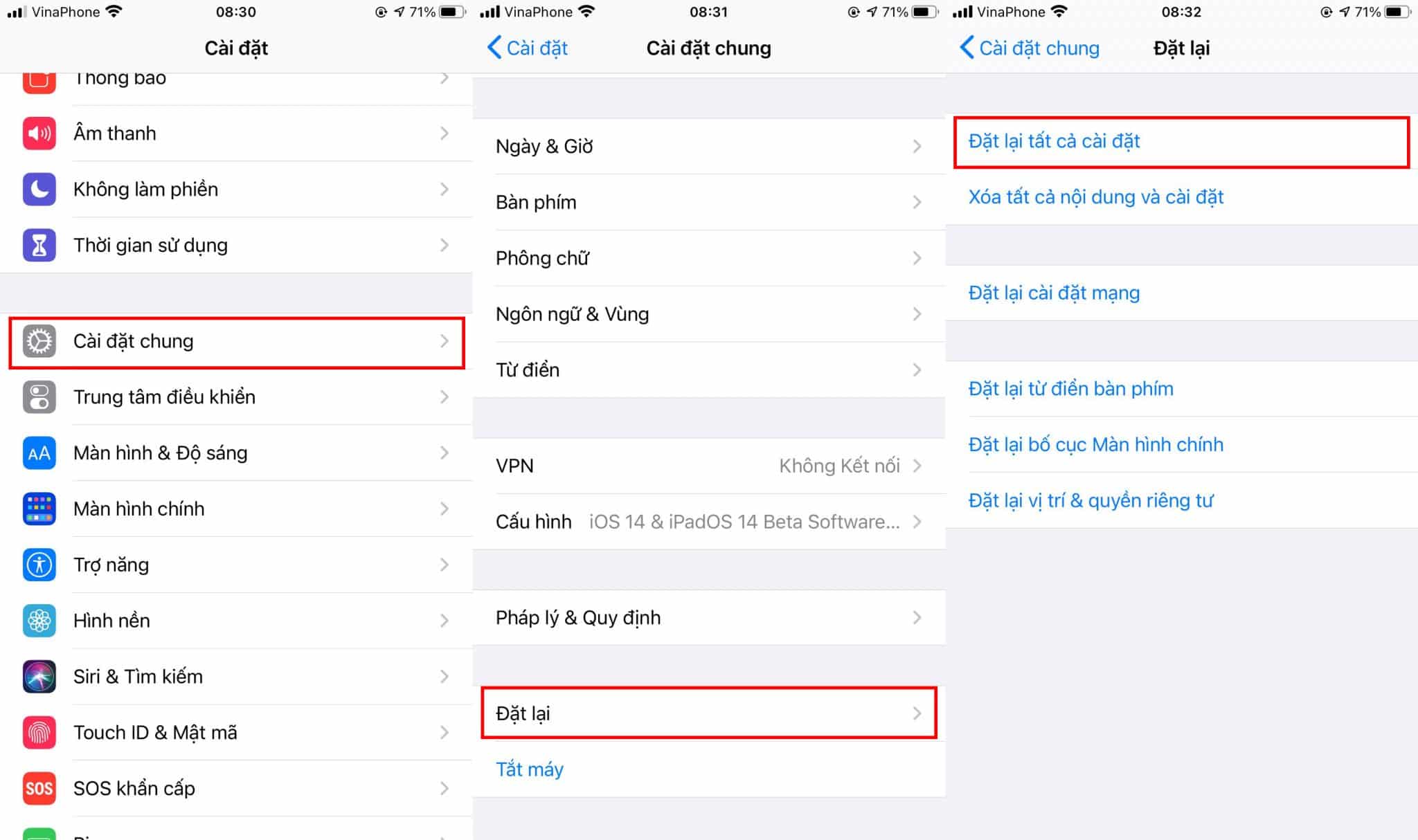 Đặt lại tất cả cài đặt