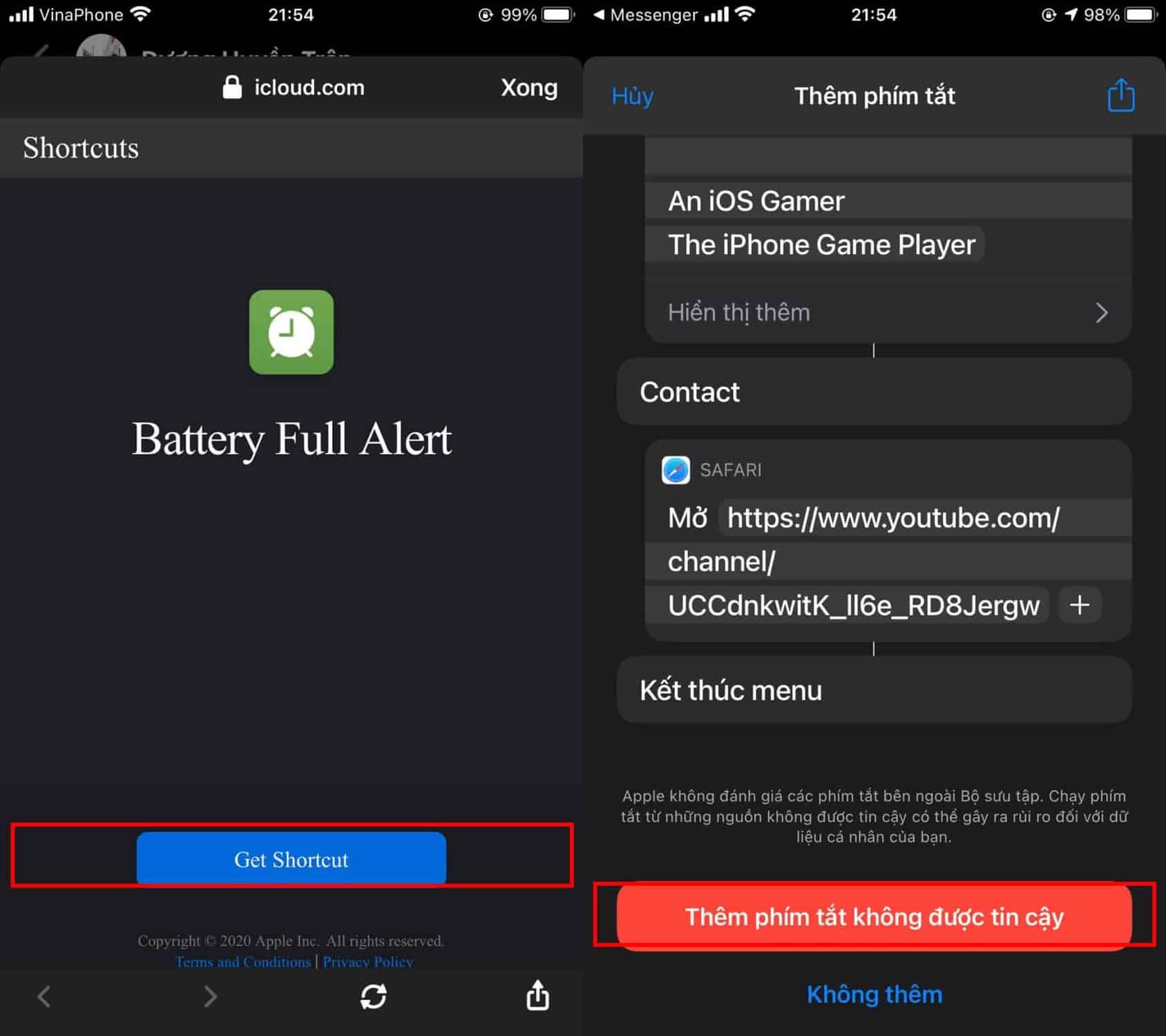 Thêm phím tắt không được tin cậy