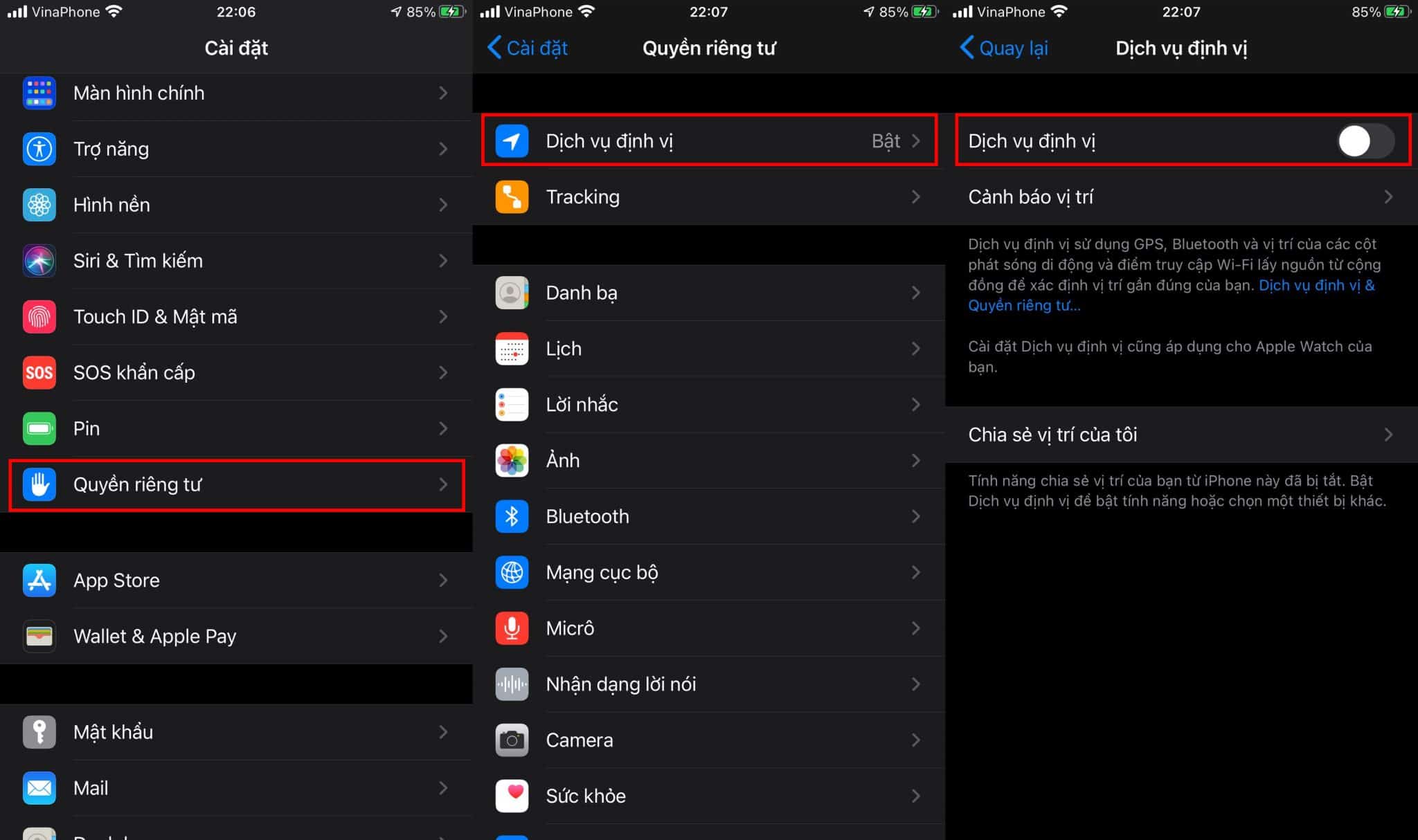 Tắt dịch vụ định vị