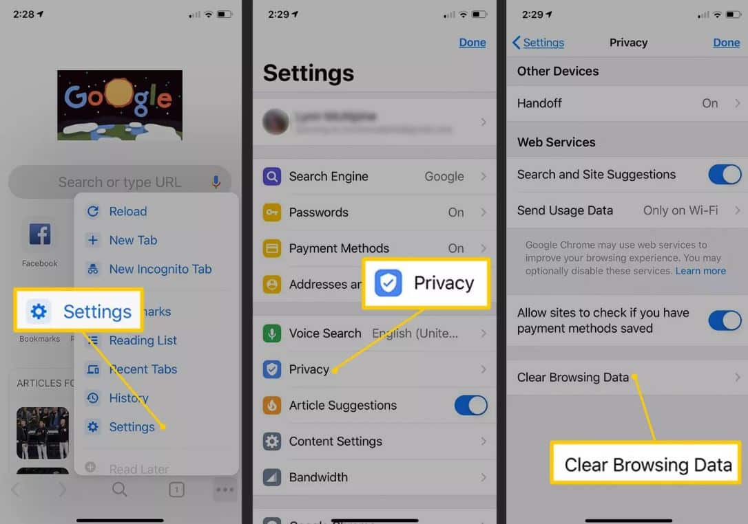 xóa bộ nhớ cache Chrome trên iPhone