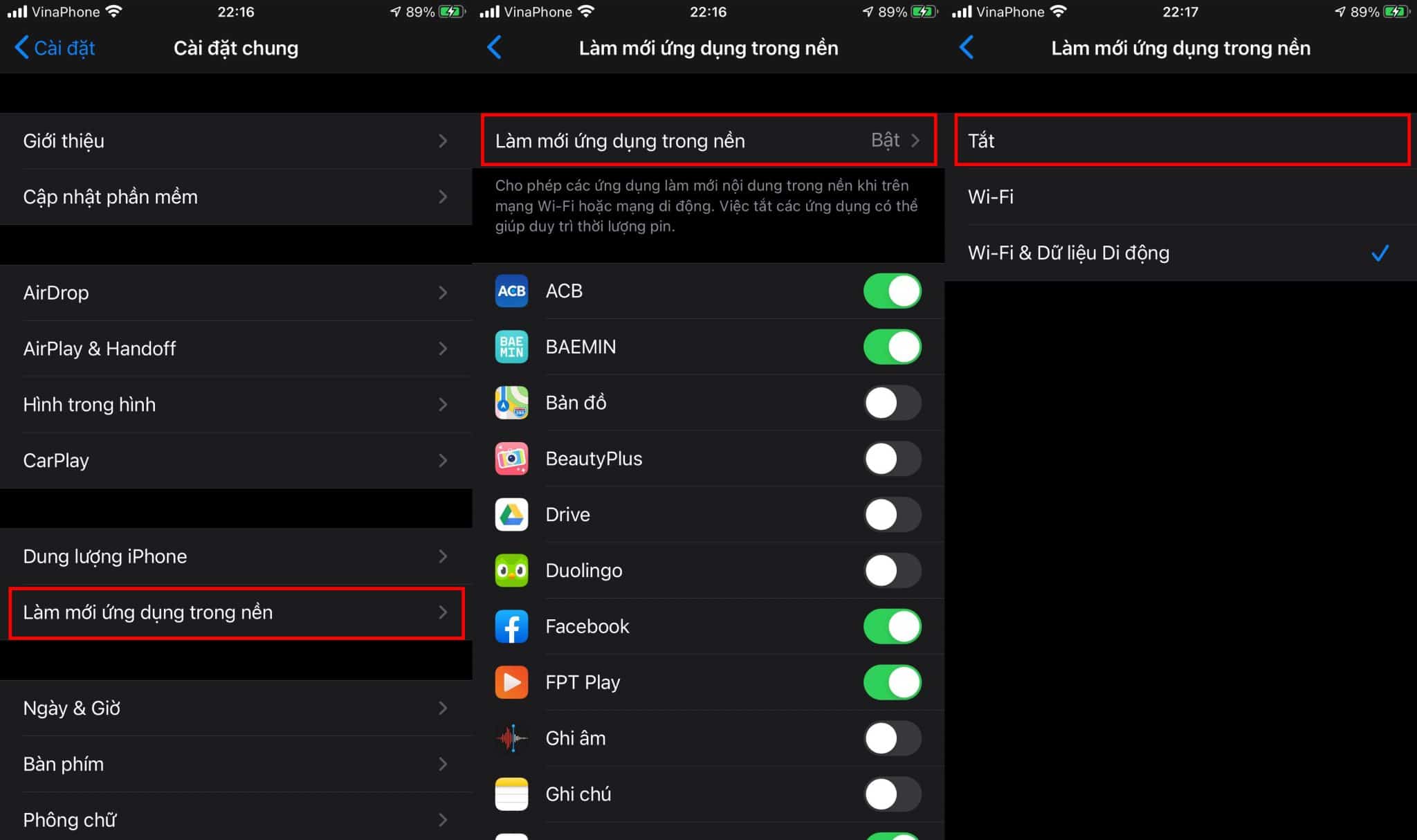 Tắt làm mới ứng dụng trong nền