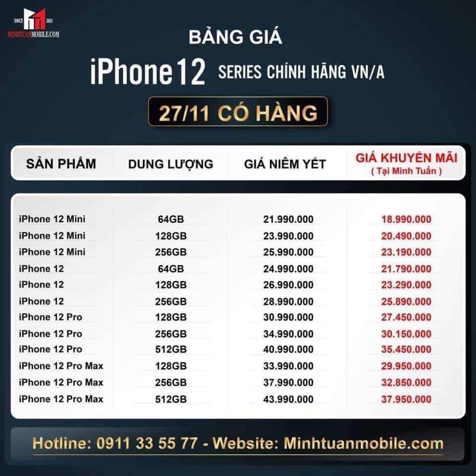 Bảng giá iPhone 12 Series Chính hãng VN/A