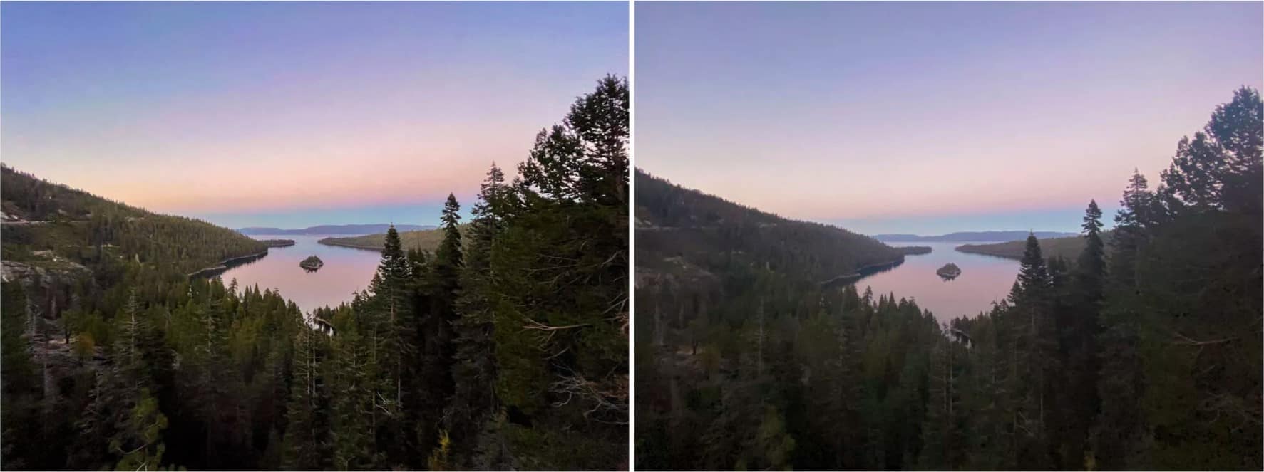 Công viên bang Emerald Bay ở California, được chụp bằng iPhone 12 Pro (bên trái) và iPhone 11 Pro (bên phải)