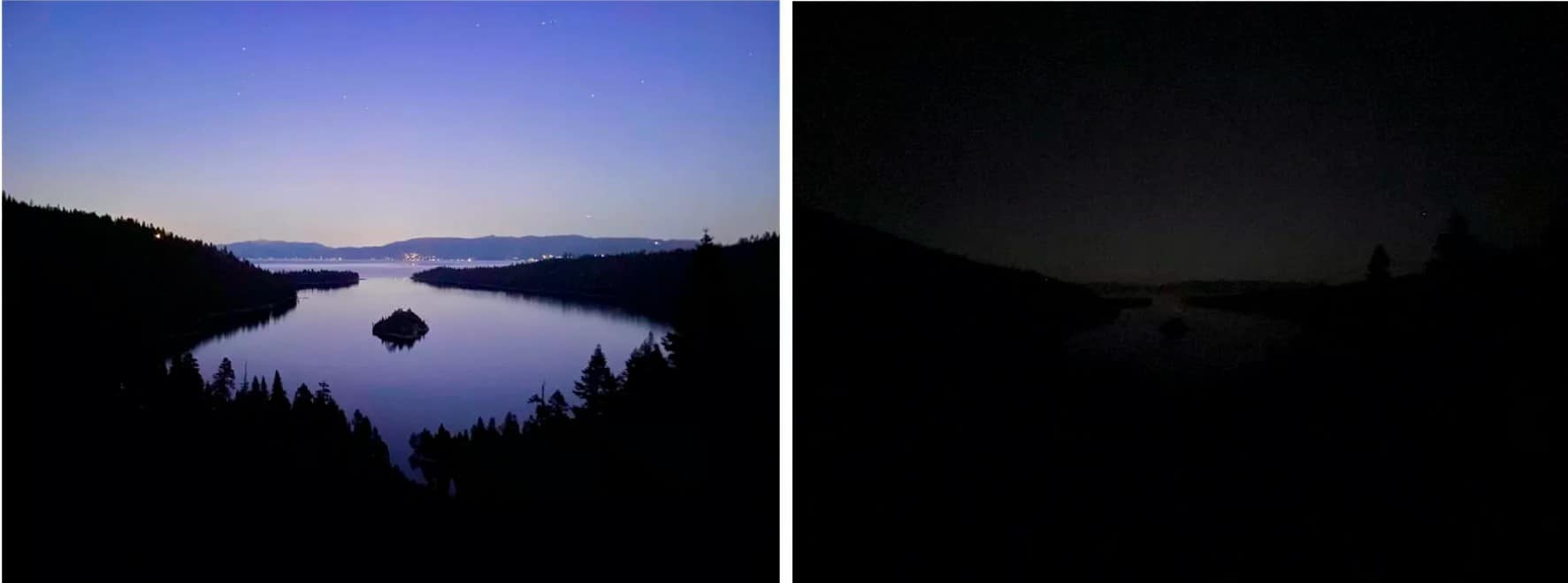 iPhone 12 Pro phơi sáng 30 giây ở Chế độ ban đêm (bên trái) và iPhone 11 Pro không có Chế độ ban đêm (bên phải)