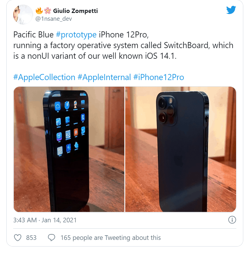 Rò rỉ hình ảnh nguyên mẫu iPhone 12 Pro: vỏ màu xanh lam, chạy SwitchBoard