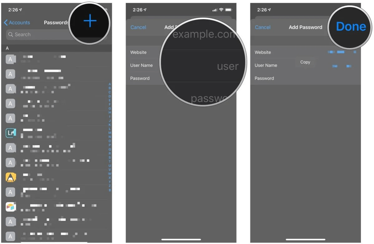 Nhập các trường Trang web , Tên người dùng và Mật khẩu 