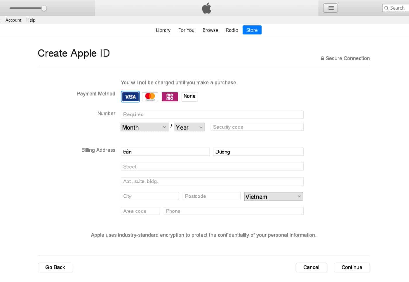 Nhập thẻ tín dụng và thông tin thanh toán