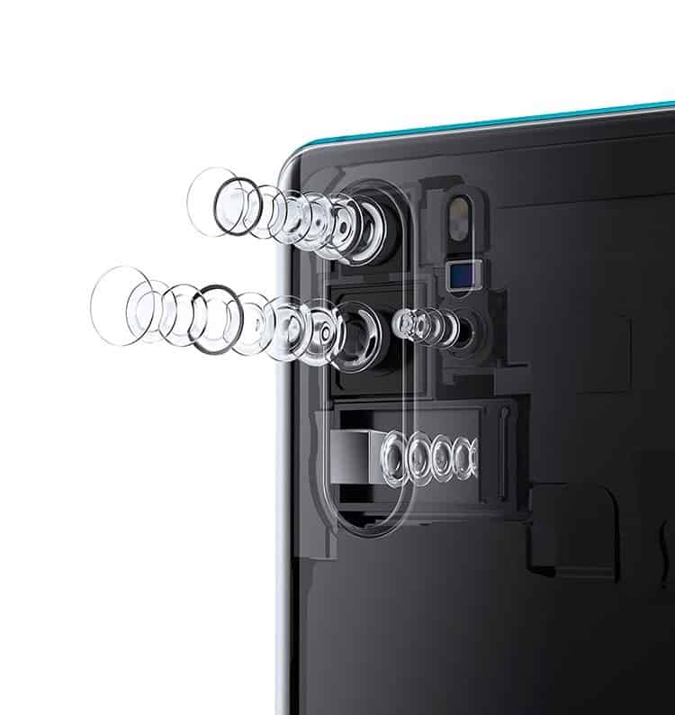 Một góc nhìn bùng nổ về Huawei P30 Pro, cho thấy hướng khác nhau của ống kính tiềm vọng so với các máy ảnh thông thường.