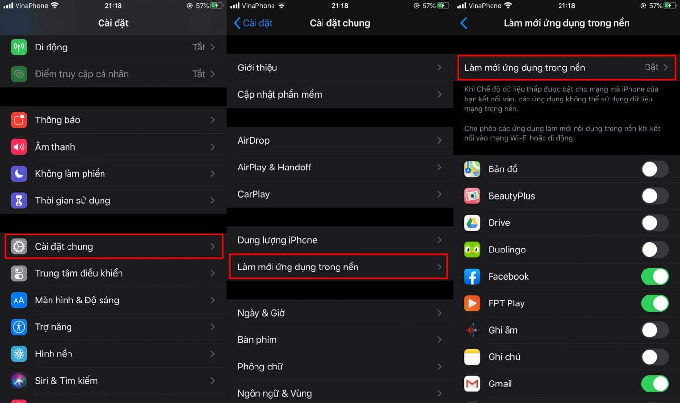 tắt làm mới ứng dụng trong nền